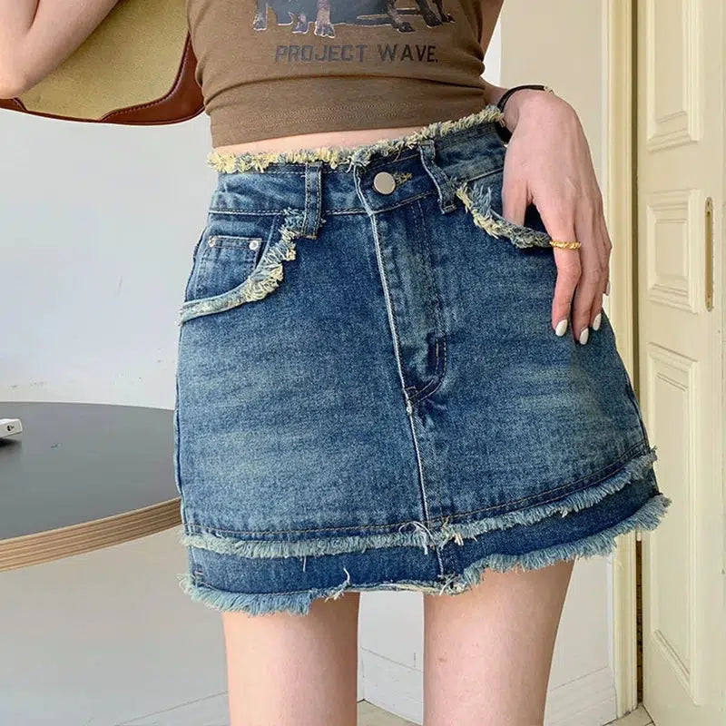 Tasseled Denim Mini Skort - Y2K Fashion, Aesthetic Coquette Style