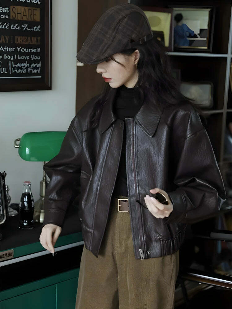 Trendy Brown Faux Leather Jacket for Y2K Aesthetic and Grunge Styles