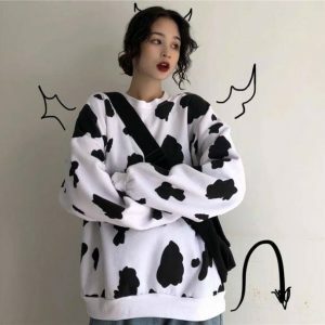 Trendy Cow Print Loose Sweatshirt for Aesthetic Grunge Style