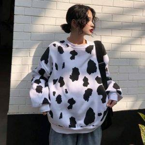 Trendy Cow Print Loose Sweatshirt for Aesthetic Grunge Style