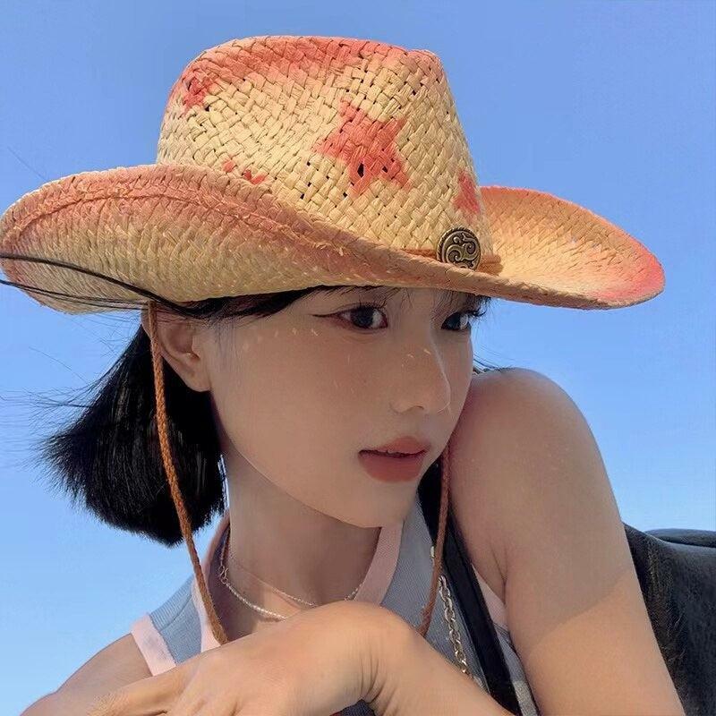 Trendy Cowgirl Adjustable Woven Straw Hat for Y2K Aesthetic Lovers