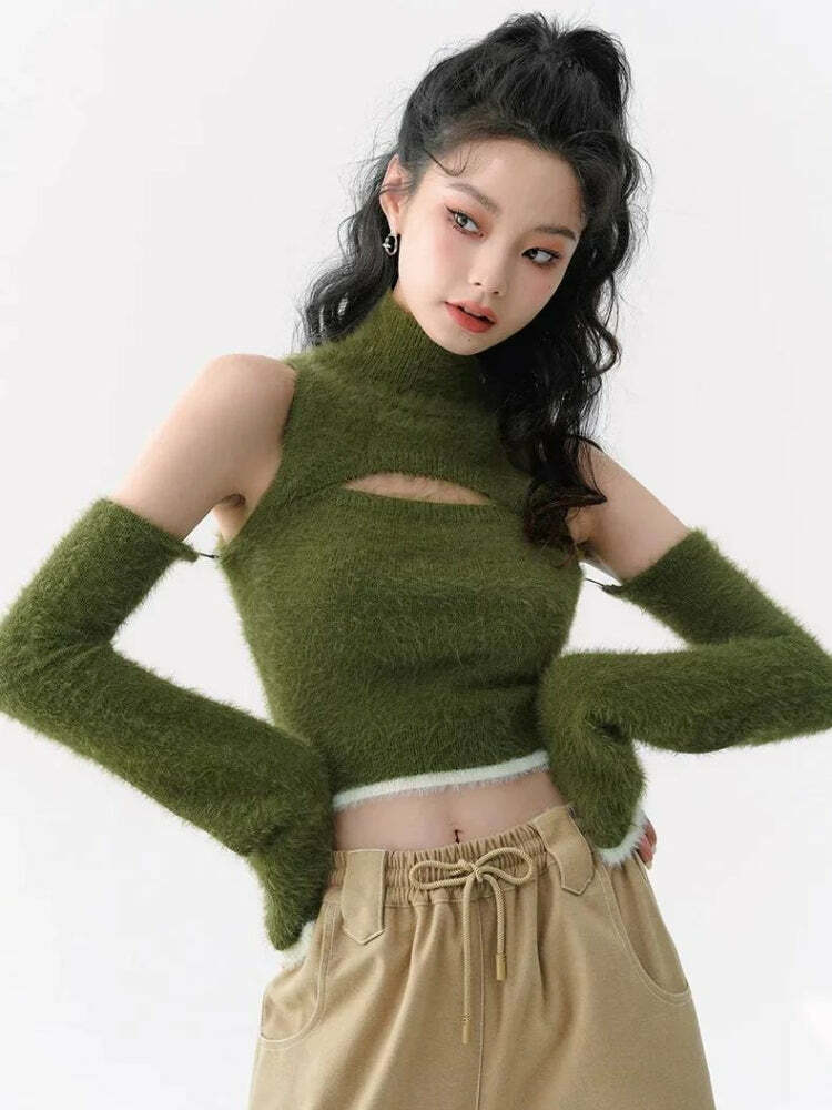 Trendy Cut Out Fluffy Crop Sweater Top for Aesthetic Y2K Fashion