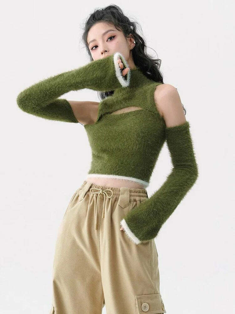 Trendy Cut Out Fluffy Crop Sweater Top for Aesthetic Y2K Fashion