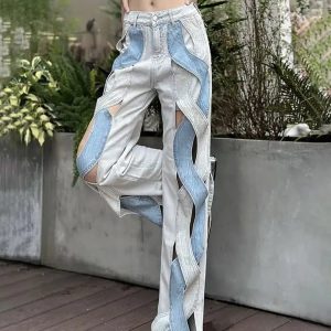 Trendy Cut Out Patch Denim Jeans for Y2K Aesthetic and Grunge Styles