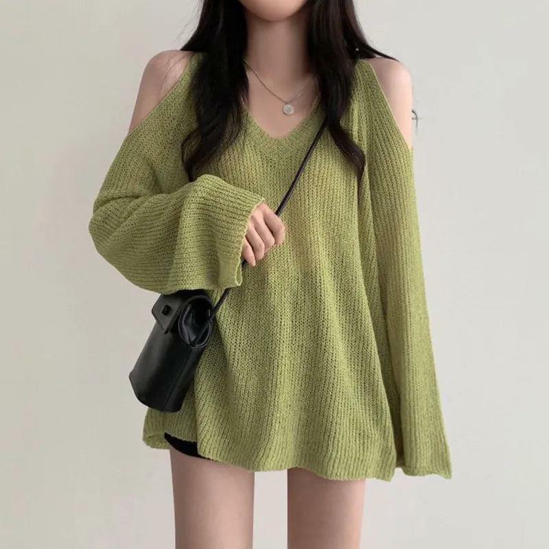 Trendy Cut-Out Shoulder Knit Sweater for Aesthetic Coquette Style