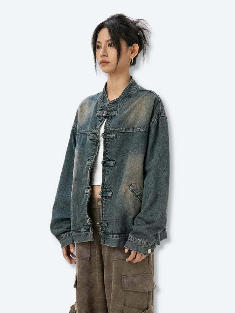 Trendy Distressed Denim Jacket for Y2K Aesthetic & Grunge Styles