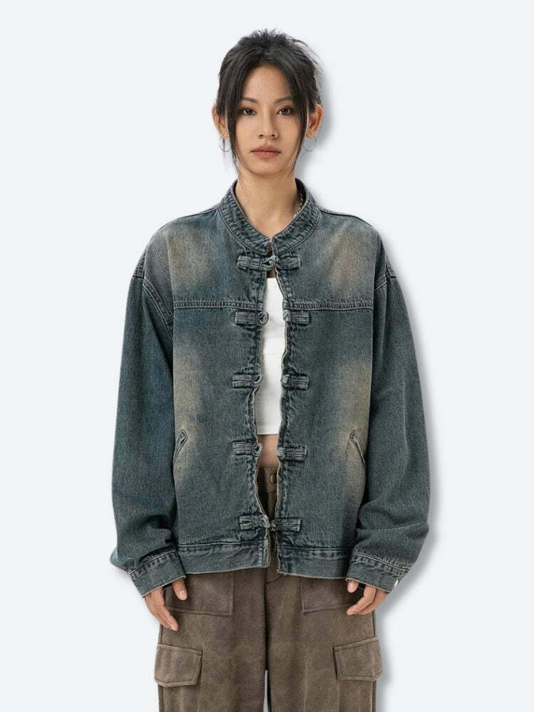 Trendy Distressed Denim Jacket for Y2K Aesthetic & Grunge Styles