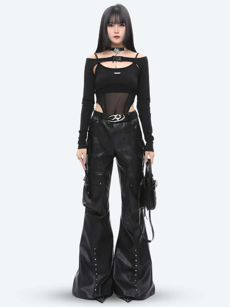 Trendy Faux Leather Cargo Pants for Y2K Aesthetic and Grunge Styles