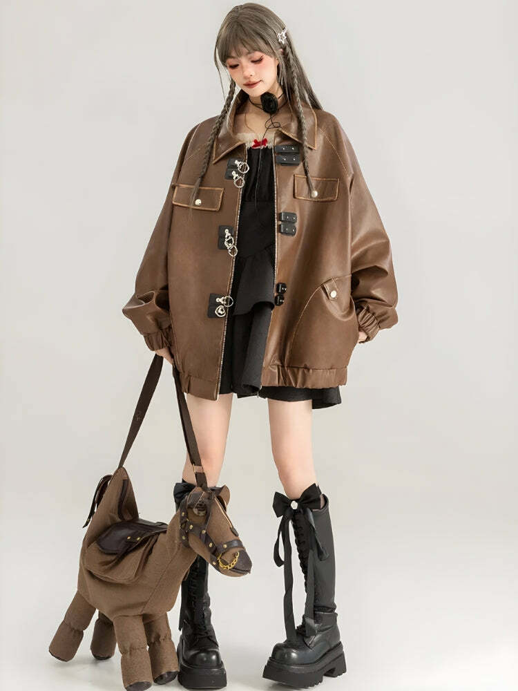 Trendy Faux Leather Oversized Jacket for Y2K Aesthetic Fashion Lovers