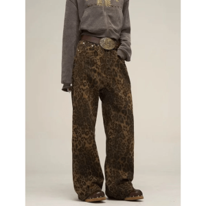 Trendy Leopard Print Loose Pants for Y2K Aesthetic and Grunge Styles