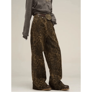 Trendy Leopard Print Loose Pants for Y2K Aesthetic and Grunge Styles