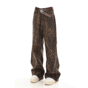 Trendy Leopard Print Loose Pants for Y2K Aesthetic and Grunge Styles