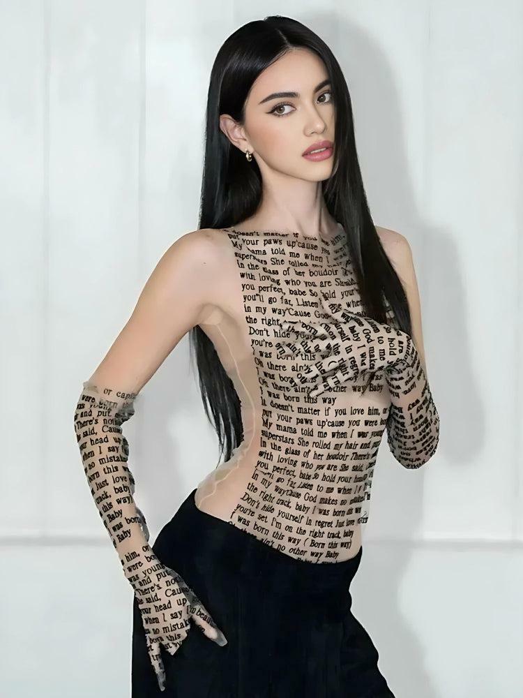 Trendy Letter Printed Top with Gloves for Aesthetic Coquette Style