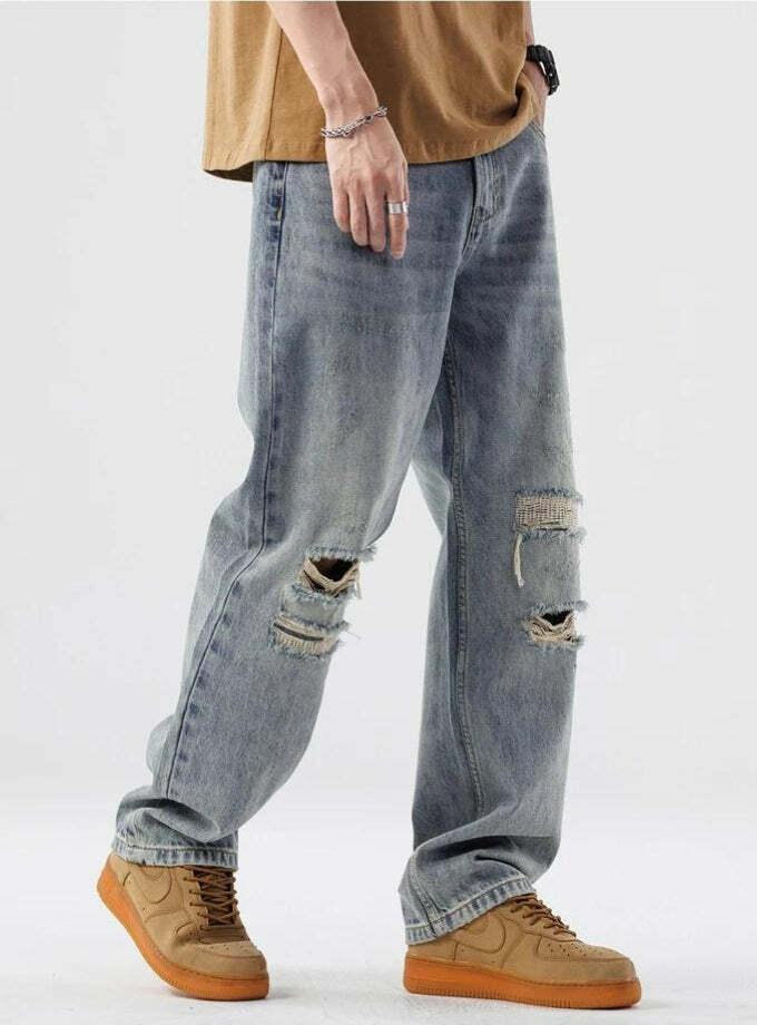 Trendy Light Wash Distressed Knee Jeans for Y2K Aesthetic Lovers