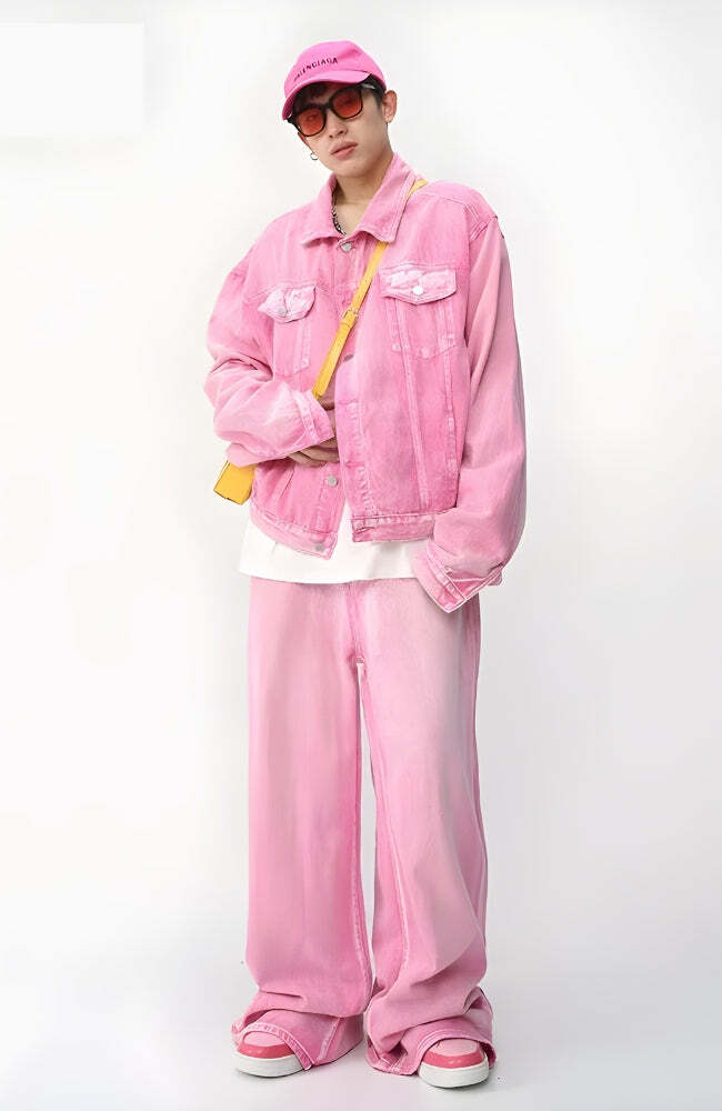 Trendy Pink Denim Jacket & Pants Set for Y2K Aesthetic Fashion