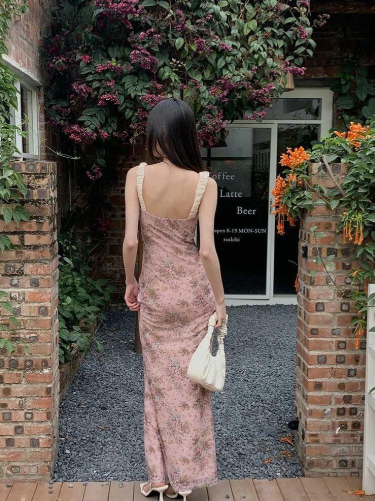 Trendy Pink Maxi Dress with Front Clasp Buckles for Aesthetic Vibes