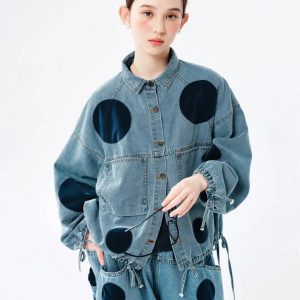 Trendy Polka Dot Denim Jacket for Y2K Aesthetic and Coquette Style