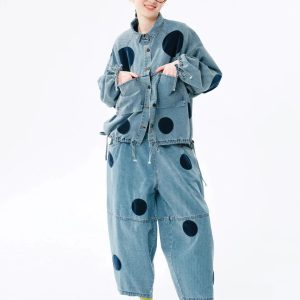 Trendy Polka Dot Denim Jacket for Y2K Aesthetic and Coquette Style