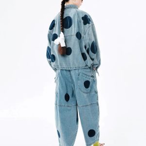 Trendy Polka Dot Denim Jacket for Y2K Aesthetic and Coquette Style