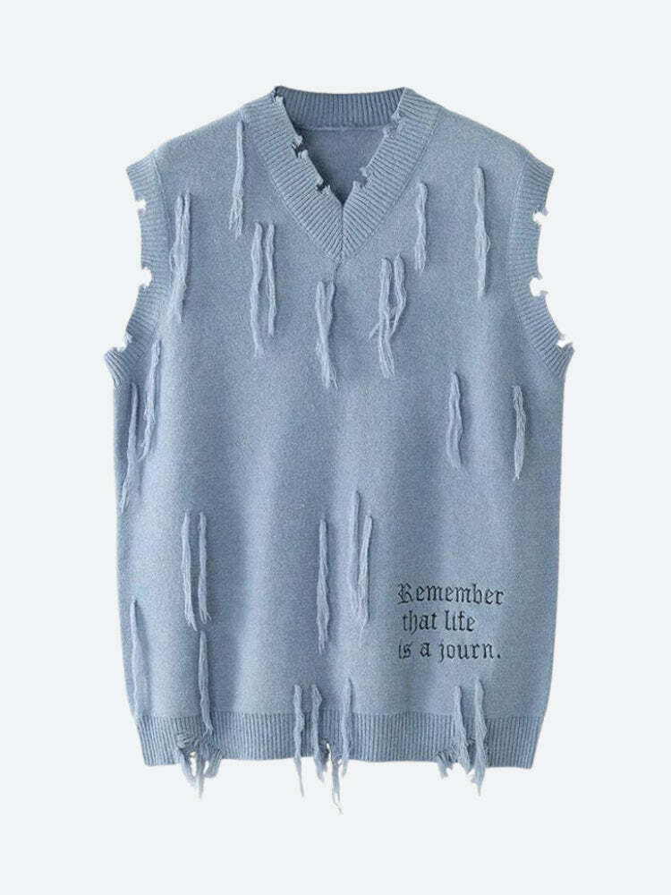 Trendy Ripped Tasseled Sweater Vest for Y2K Aesthetic Fashion Lovers