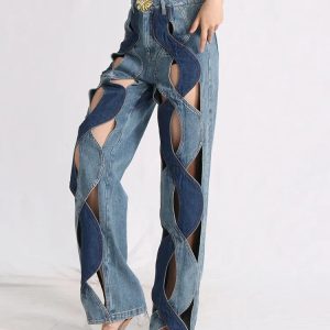 Trendy Y2K Cut Out Denim Jeans - Aesthetic Grunge & Coquette Style