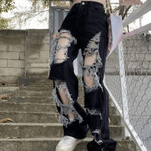 Trendy Y2K Distressed Black Jeans for Aesthetic Grunge Outfits