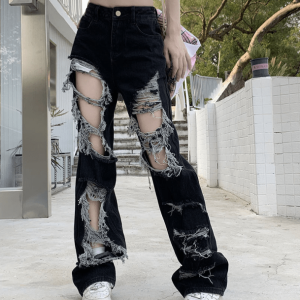 Trendy Y2K Distressed Black Jeans for Aesthetic Grunge Outfits