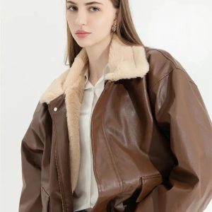 Trendy Y2K Faux Leather & Fur Jacket for Aesthetic Coquette Style