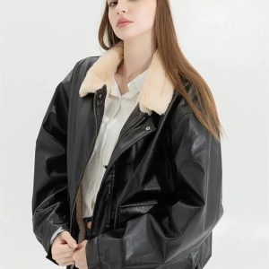 Trendy Y2K Faux Leather & Fur Jacket for Aesthetic Coquette Style