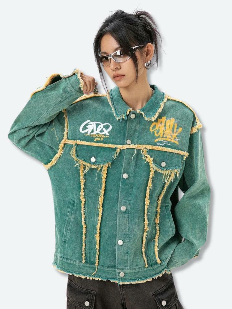 Trendy Y2K Green Denim Jacket for Aesthetic Coquette & Grunge Styles