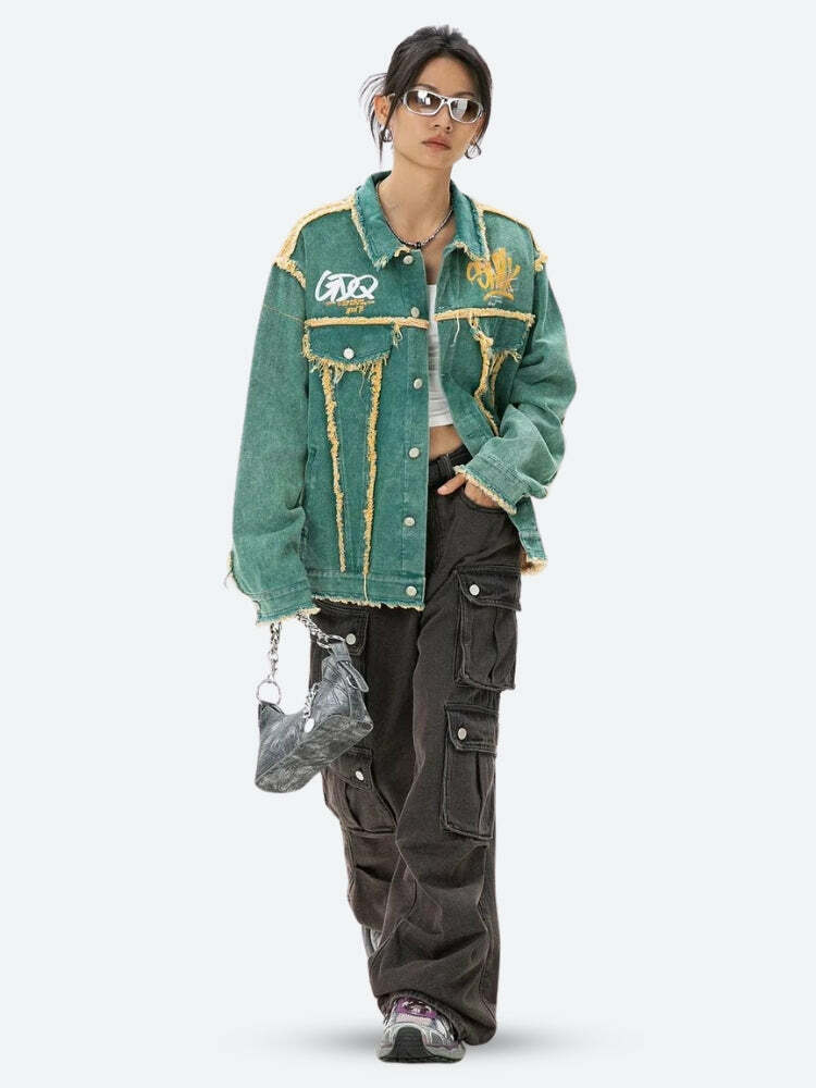 Trendy Y2K Green Denim Jacket for Aesthetic Coquette & Grunge Styles