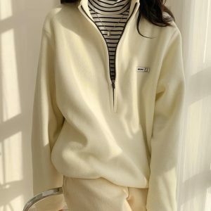 Trendy Y2K Half Zipper Fleece Sweatshirt for Aesthetic Coquette Style