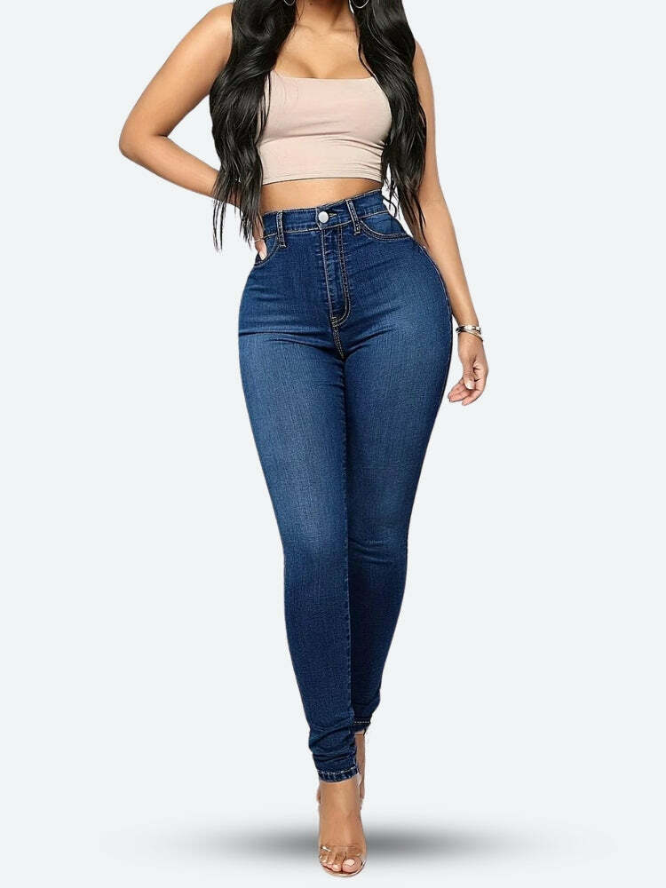 Trendy Y2K High Rise Denim Skinny Jeans for Aesthetic Coquette Style