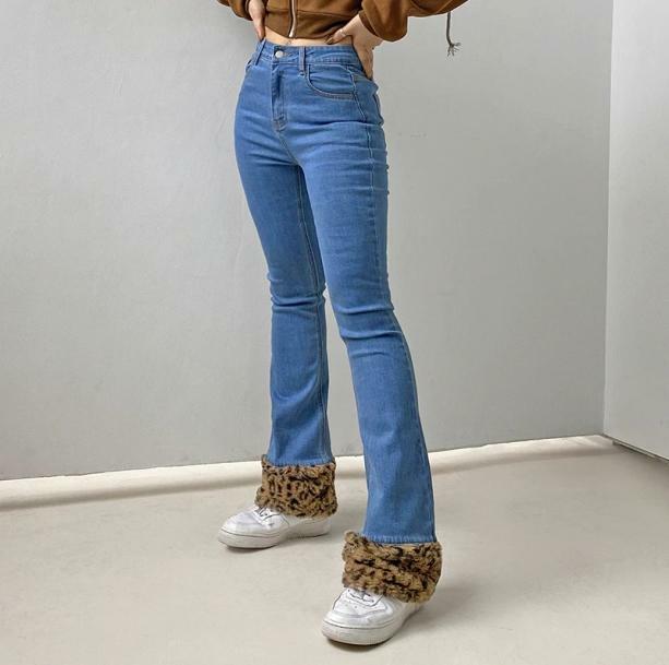 Trendy Y2K Leopard Cuffed Jeans for Aesthetic Coquette Style