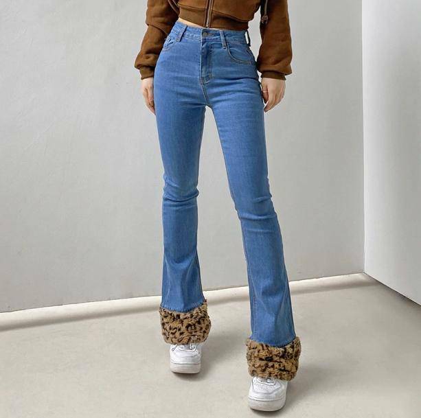 Trendy Y2K Leopard Cuffed Jeans for Aesthetic Coquette Style