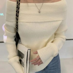 Trendy Y2K Off-Shoulder Knitted Sweater for Aesthetic Coquette Style