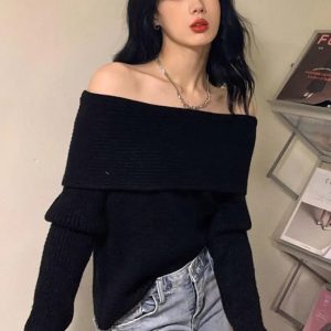 Trendy Y2K Off-Shoulder Knitted Sweater for Aesthetic Coquette Style