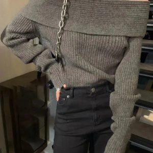 Trendy Y2K Off-Shoulder Knitted Sweater for Aesthetic Coquette Style