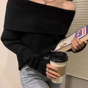 Trendy Y2K Off-Shoulder Knitted Sweater for Aesthetic Coquette Style