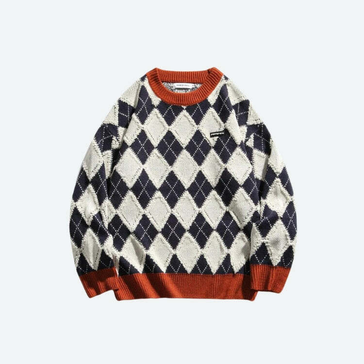 Vintage Argyle Knitted Sweater - Y2K Aesthetic for Cozy Chic Style