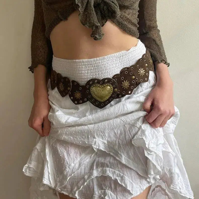 Vintage Ethnic Heart Suede Waist Belt for Y2K Aesthetic Fashion Lovers