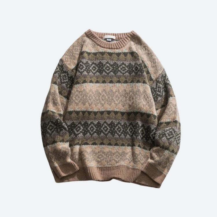 Vintage Jacquard Knitted Sweater - Y2K Aesthetic for Cozy Style