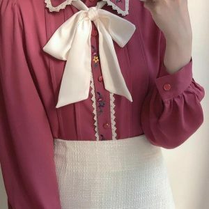 Vintage Rose Embroidered Shirt - Y2K Aesthetic Coquette Style Top