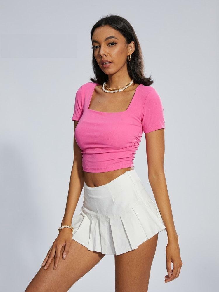 Y2K Aesthetic Barbie Crop Top with Front Clasp Buckles & Ruffle Skirt