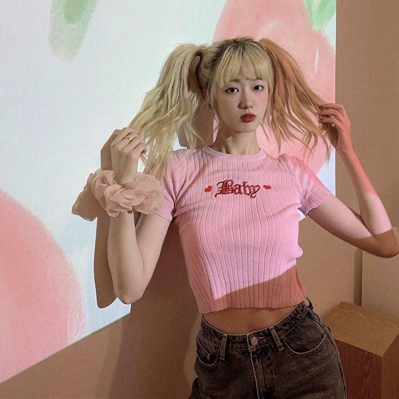 Y2K Aesthetic Barbie Embroidered Crop Top for Trendy Coquette Style