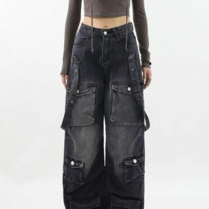 Y2K Aesthetic Belted Dark Wash Cargo Jeans for Trendy Outfits