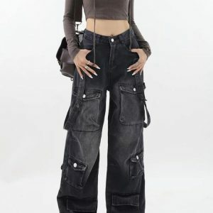 Y2K Aesthetic Belted Dark Wash Cargo Jeans for Trendy Outfits