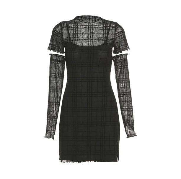 Y2K Aesthetic Black Plaid Mini Dress with Ruffle Details & Accessories