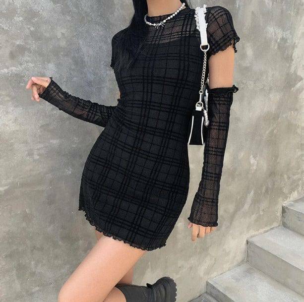 Y2K Aesthetic Black Plaid Mini Dress with Ruffle Details & Accessories