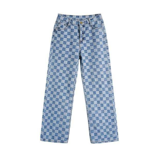 Y2K Aesthetic Blue Checkered Jeans for Trendy Skater Outfits